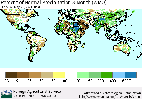 World Percent of Normal Precipitation 3-Month (WMO) Thematic Map For 2/26/2021 - 5/25/2021