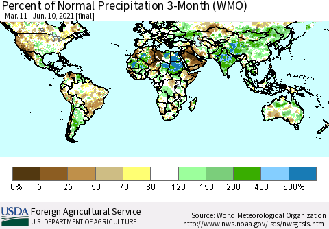World Percent of Normal Precipitation 3-Month (WMO) Thematic Map For 3/11/2021 - 6/10/2021