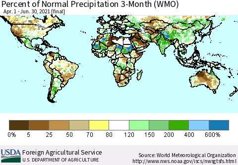 World Percent of Normal Precipitation 3-Month (WMO) Thematic Map For 4/1/2021 - 6/30/2021