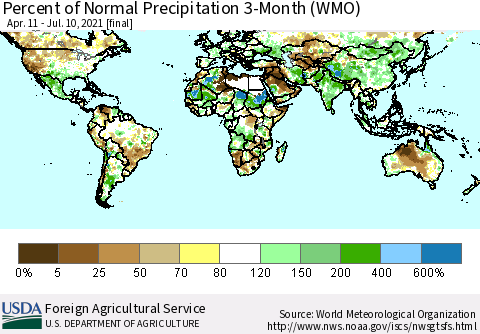 World Percent of Normal Precipitation 3-Month (WMO) Thematic Map For 4/11/2021 - 7/10/2021