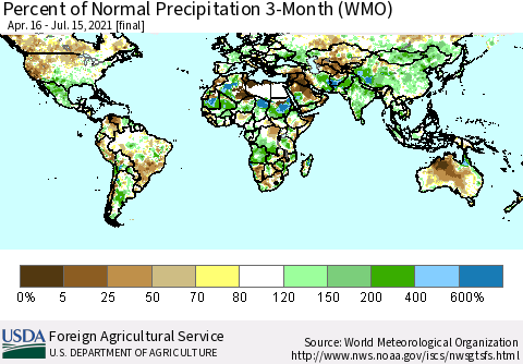 World Percent of Normal Precipitation 3-Month (WMO) Thematic Map For 4/16/2021 - 7/15/2021