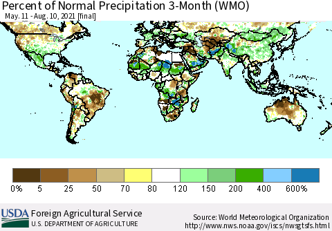 World Percent of Normal Precipitation 3-Month (WMO) Thematic Map For 5/11/2021 - 8/10/2021