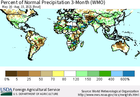 World Percent of Normal Precipitation 3-Month (WMO) Thematic Map For 5/16/2021 - 8/15/2021