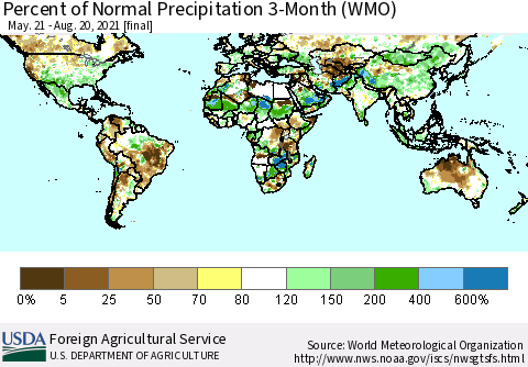 World Percent of Normal Precipitation 3-Month (WMO) Thematic Map For 5/21/2021 - 8/20/2021