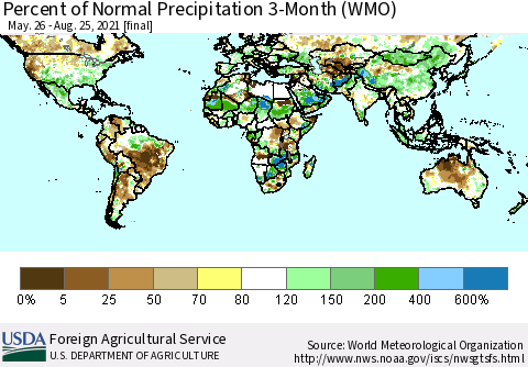 World Percent of Normal Precipitation 3-Month (WMO) Thematic Map For 5/26/2021 - 8/25/2021