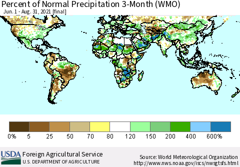 World Percent of Normal Precipitation 3-Month (WMO) Thematic Map For 6/1/2021 - 8/31/2021