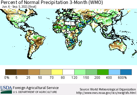World Percent of Normal Precipitation 3-Month (WMO) Thematic Map For 6/6/2021 - 9/5/2021