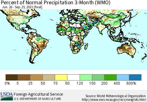 World Percent of Normal Precipitation 3-Month (WMO) Thematic Map For 6/26/2021 - 9/25/2021