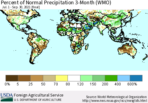 World Percent of Normal Precipitation 3-Month (WMO) Thematic Map For 7/1/2021 - 9/30/2021