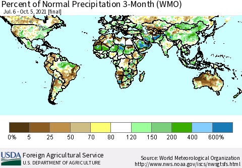 World Percent of Normal Precipitation 3-Month (WMO) Thematic Map For 7/6/2021 - 10/5/2021