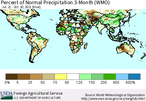 World Percent of Normal Precipitation 3-Month (WMO) Thematic Map For 7/21/2021 - 10/20/2021