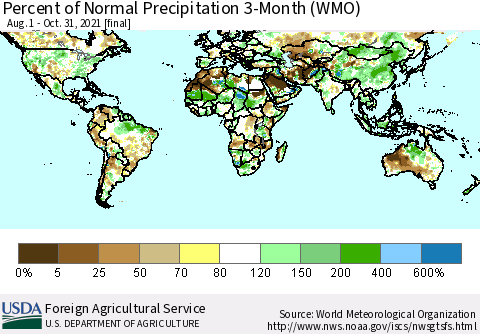 World Percent of Normal Precipitation 3-Month (WMO) Thematic Map For 8/1/2021 - 10/31/2021