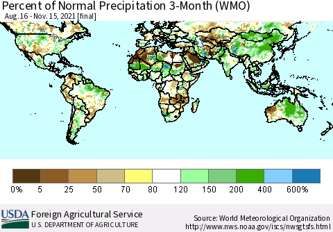 World Percent of Normal Precipitation 3-Month (WMO) Thematic Map For 8/16/2021 - 11/15/2021