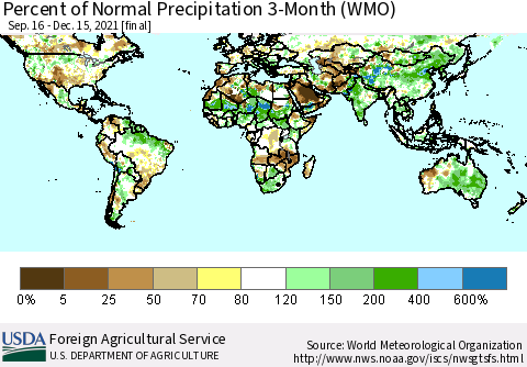 World Percent of Normal Precipitation 3-Month (WMO) Thematic Map For 9/16/2021 - 12/15/2021