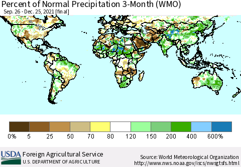 World Percent of Normal Precipitation 3-Month (WMO) Thematic Map For 9/26/2021 - 12/25/2021