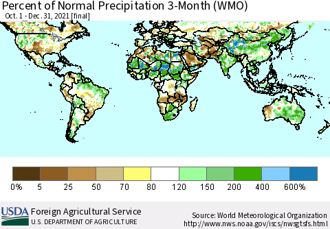 World Percent of Normal Precipitation 3-Month (WMO) Thematic Map For 10/1/2021 - 12/31/2021