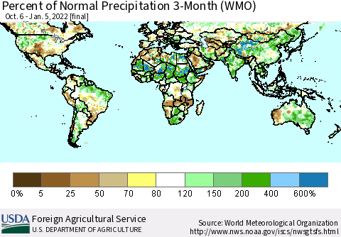 World Percent of Normal Precipitation 3-Month (WMO) Thematic Map For 10/6/2021 - 1/5/2022