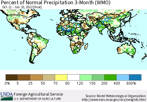 World Percent of Normal Precipitation 3-Month (WMO) Thematic Map For 10/11/2021 - 1/10/2022
