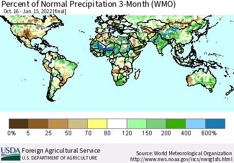 World Percent of Normal Precipitation 3-Month (WMO) Thematic Map For 10/16/2021 - 1/15/2022