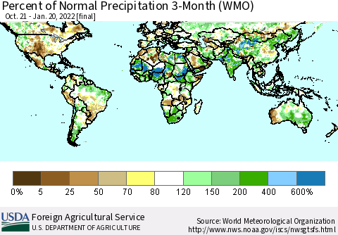World Percent of Normal Precipitation 3-Month (WMO) Thematic Map For 10/21/2021 - 1/20/2022