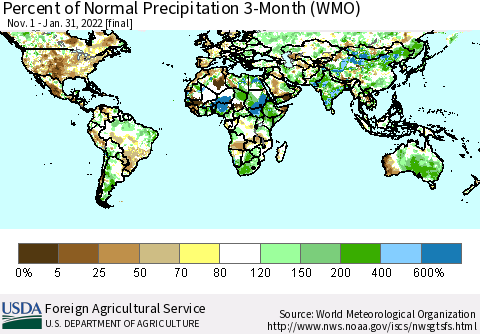 World Percent of Normal Precipitation 3-Month (WMO) Thematic Map For 11/1/2021 - 1/31/2022