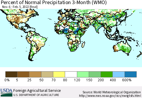 World Percent of Normal Precipitation 3-Month (WMO) Thematic Map For 11/6/2021 - 2/5/2022