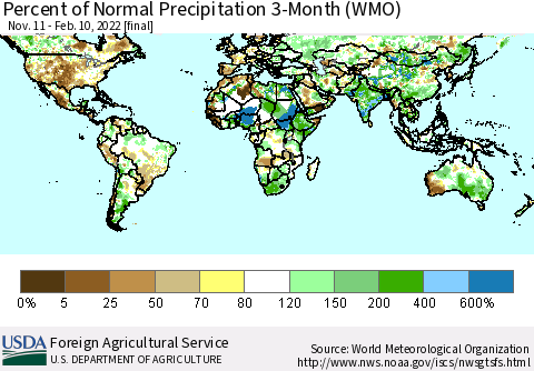 World Percent of Normal Precipitation 3-Month (WMO) Thematic Map For 11/11/2021 - 2/10/2022
