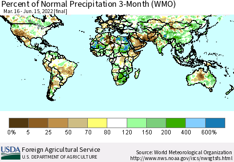 World Percent of Normal Precipitation 3-Month (WMO) Thematic Map For 3/16/2022 - 6/15/2022