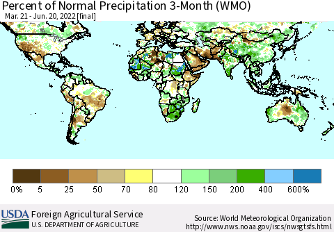 World Percent of Normal Precipitation 3-Month (WMO) Thematic Map For 3/21/2022 - 6/20/2022