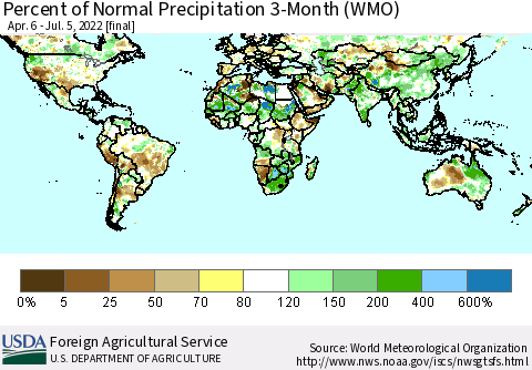World Percent of Normal Precipitation 3-Month (WMO) Thematic Map For 4/6/2022 - 7/5/2022