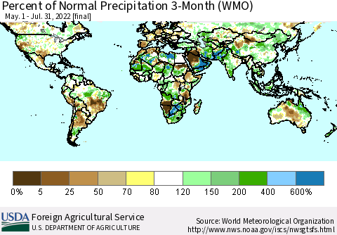 World Percent of Normal Precipitation 3-Month (WMO) Thematic Map For 5/1/2022 - 7/31/2022