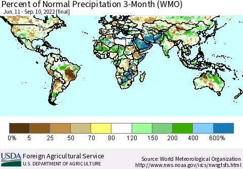 World Percent of Normal Precipitation 3-Month (WMO) Thematic Map For 6/11/2022 - 9/10/2022