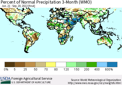 World Percent of Normal Precipitation 3-Month (WMO) Thematic Map For 6/21/2022 - 9/20/2022
