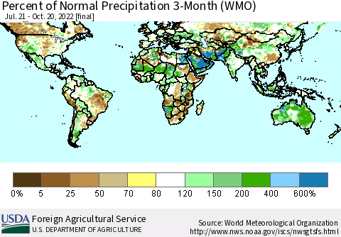 World Percent of Normal Precipitation 3-Month (WMO) Thematic Map For 7/21/2022 - 10/20/2022