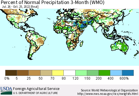 World Percent of Normal Precipitation 3-Month (WMO) Thematic Map For 7/26/2022 - 10/25/2022
