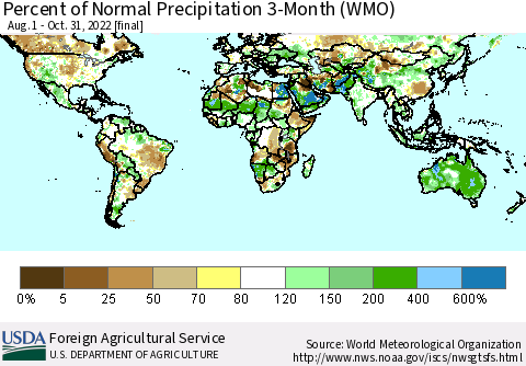 World Percent of Normal Precipitation 3-Month (WMO) Thematic Map For 8/1/2022 - 10/31/2022