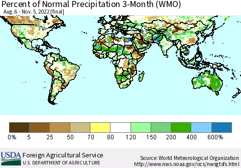 World Percent of Normal Precipitation 3-Month (WMO) Thematic Map For 8/6/2022 - 11/5/2022