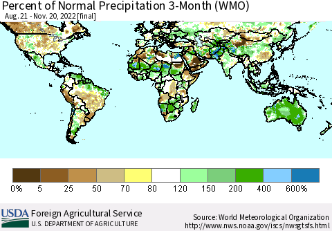 World Percent of Normal Precipitation 3-Month (WMO) Thematic Map For 8/21/2022 - 11/20/2022