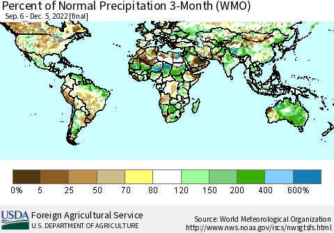 World Percent of Normal Precipitation 3-Month (WMO) Thematic Map For 9/6/2022 - 12/5/2022