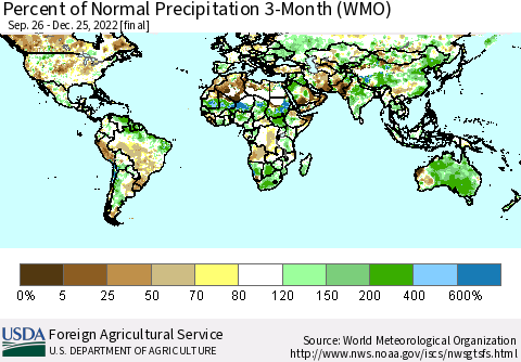 World Percent of Normal Precipitation 3-Month (WMO) Thematic Map For 9/26/2022 - 12/25/2022