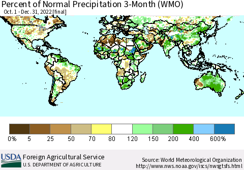 World Percent of Normal Precipitation 3-Month (WMO) Thematic Map For 10/1/2022 - 12/31/2022