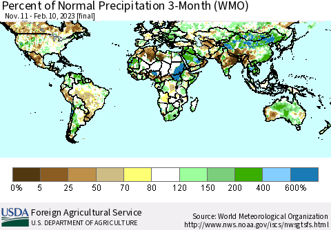 World Percent of Normal Precipitation 3-Month (WMO) Thematic Map For 11/11/2022 - 2/10/2023
