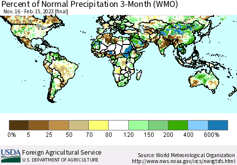 World Percent of Normal Precipitation 3-Month (WMO) Thematic Map For 11/16/2022 - 2/15/2023