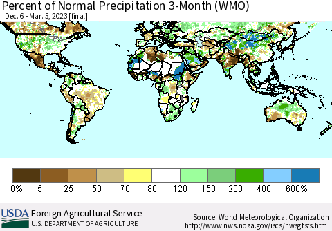 World Percent of Normal Precipitation 3-Month (WMO) Thematic Map For 12/6/2022 - 3/5/2023