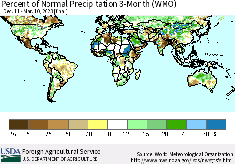 World Percent of Normal Precipitation 3-Month (WMO) Thematic Map For 12/11/2022 - 3/10/2023