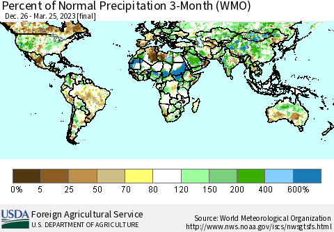 World Percent of Normal Precipitation 3-Month (WMO) Thematic Map For 12/26/2022 - 3/25/2023