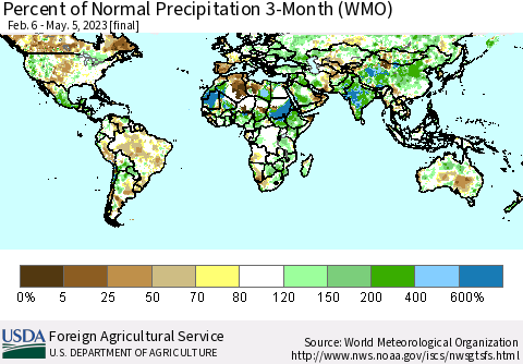World Percent of Normal Precipitation 3-Month (WMO) Thematic Map For 2/6/2023 - 5/5/2023