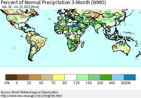 World Percent of Normal Precipitation 3-Month (WMO) Thematic Map For 4/26/2023 - 7/25/2023