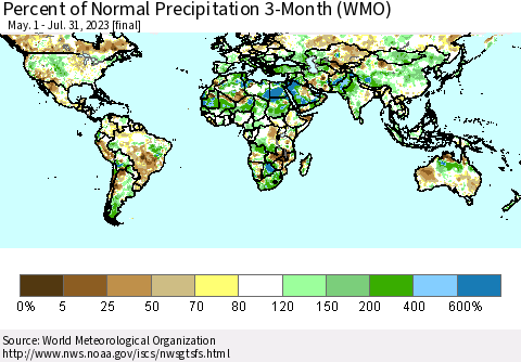 World Percent of Normal Precipitation 3-Month (WMO) Thematic Map For 5/1/2023 - 7/31/2023