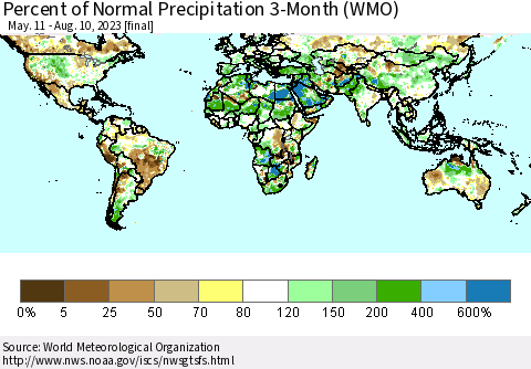 World Percent of Normal Precipitation 3-Month (WMO) Thematic Map For 5/11/2023 - 8/10/2023
